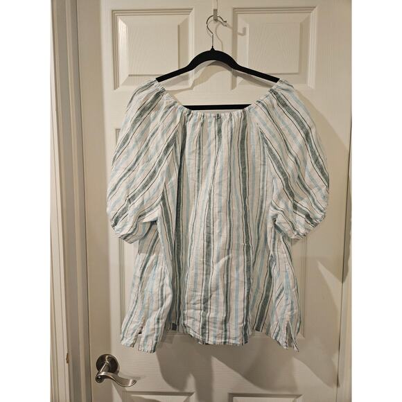 Talbots 100% Linen Striped Peasant Sleeve VNeck Top Women’s 1X Boho Tunic Blouse - Picture 5 of 5